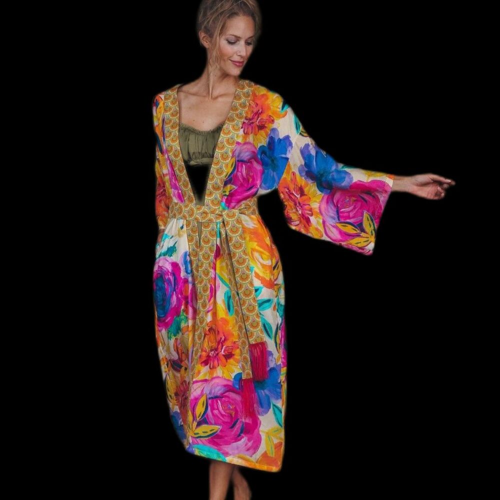 Powder Floral Bright Graphic Kimono Robe Soft Viscose/Pockets Belt OS - Picture 11 of 11